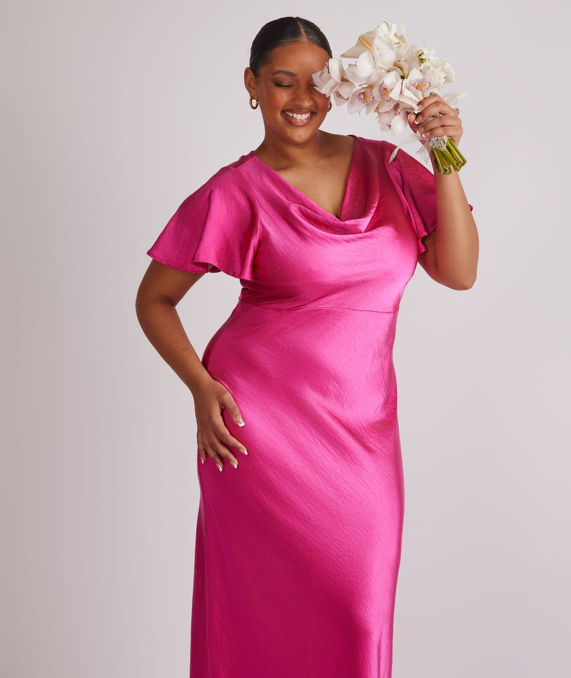 Cowl Front Flutter Sleeve Satin Bridesmaid Dress - Fuchsia Pink