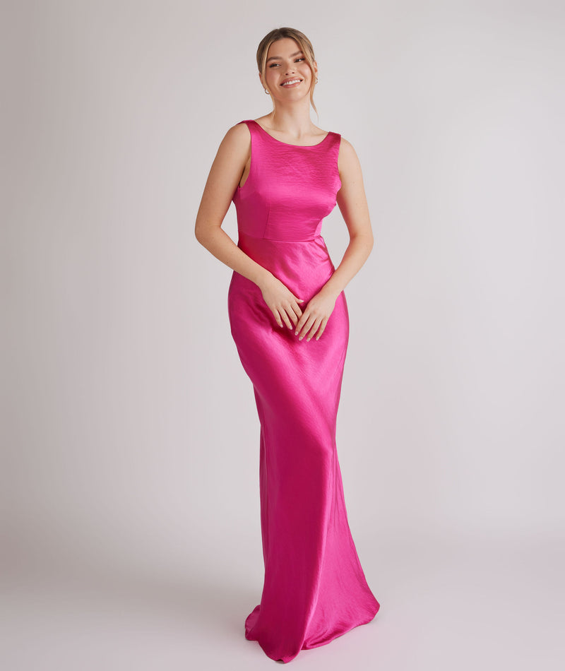 Cowl Back Satin Bridesmaid Dress - Fuchsia Pink