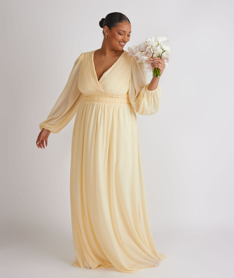 Balloon Sleeve Chiffon Bridesmaid Dress - Butter Lemon