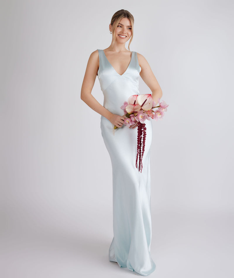 Twist Back Satin Bridesmaid Dress - Ice Blue