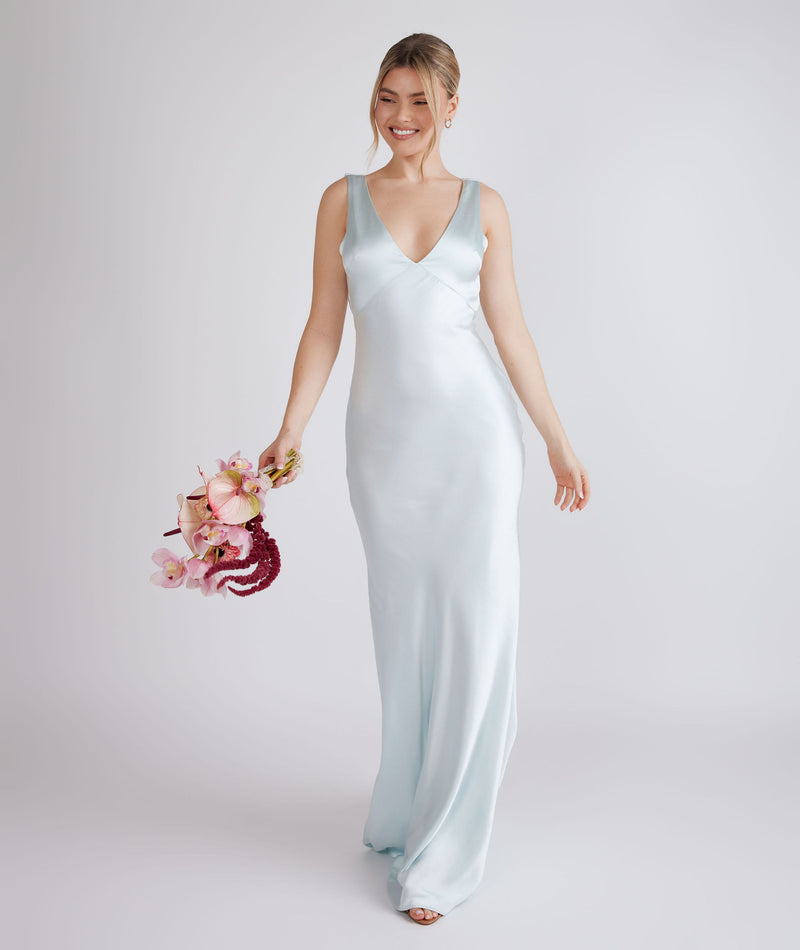 Twist Back Satin Bridesmaid Dress - Ice Blue