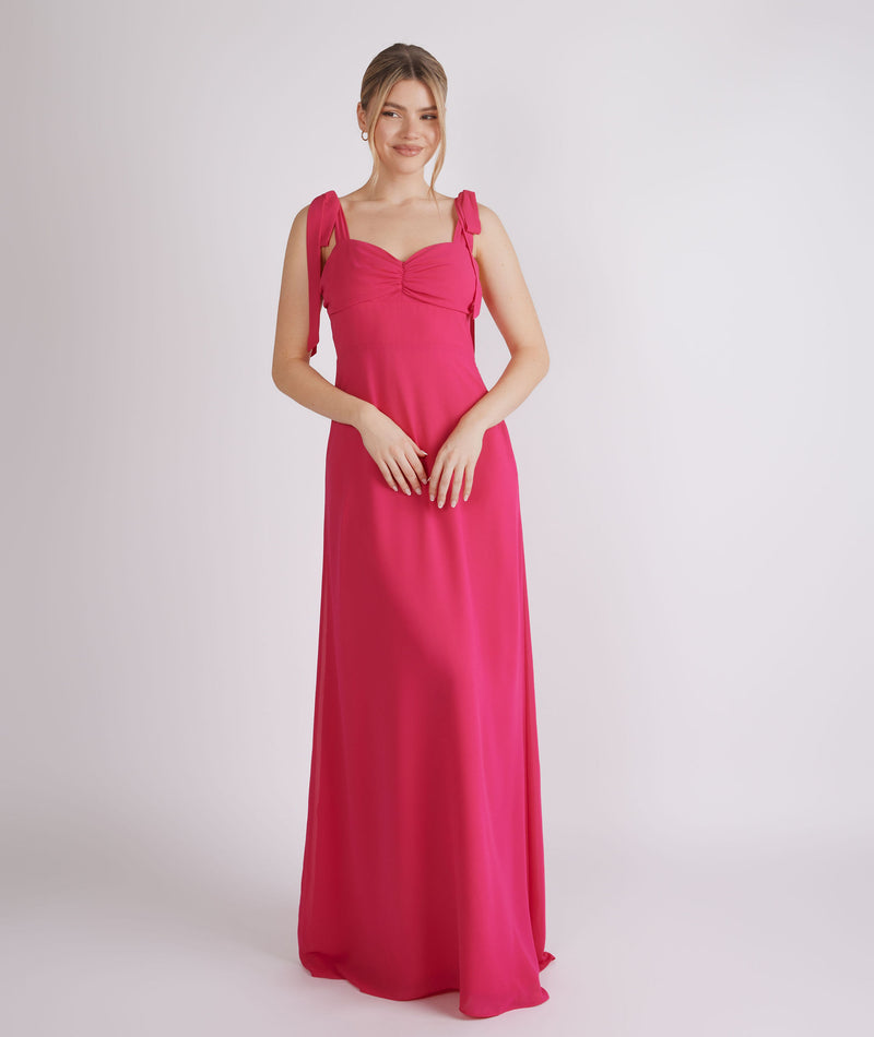 Bow Tie Shoulder Chiffon Bridesmaid Dress - Fuchsia Pink