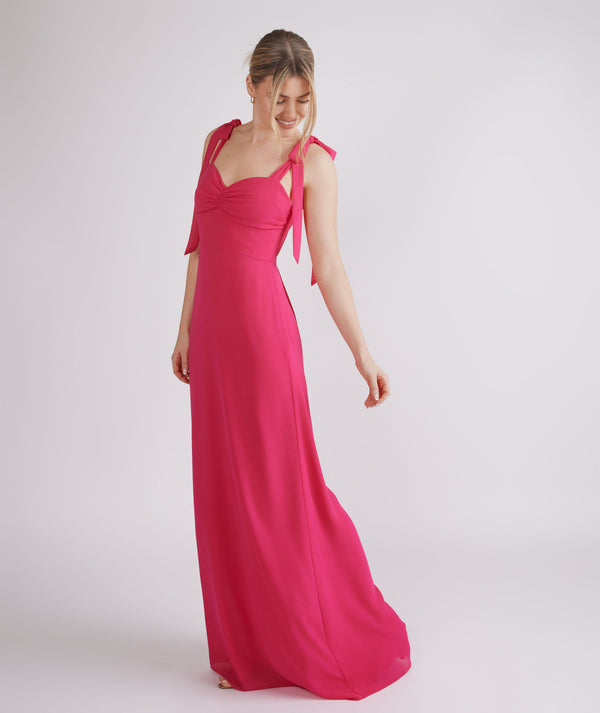 Bow Tie Shoulder Chiffon Bridesmaid Dress - Fuchsia Pink