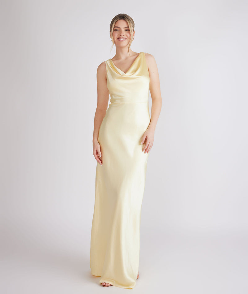 Cowl Front Satin Bridesmaid Dress - Butter Lemon