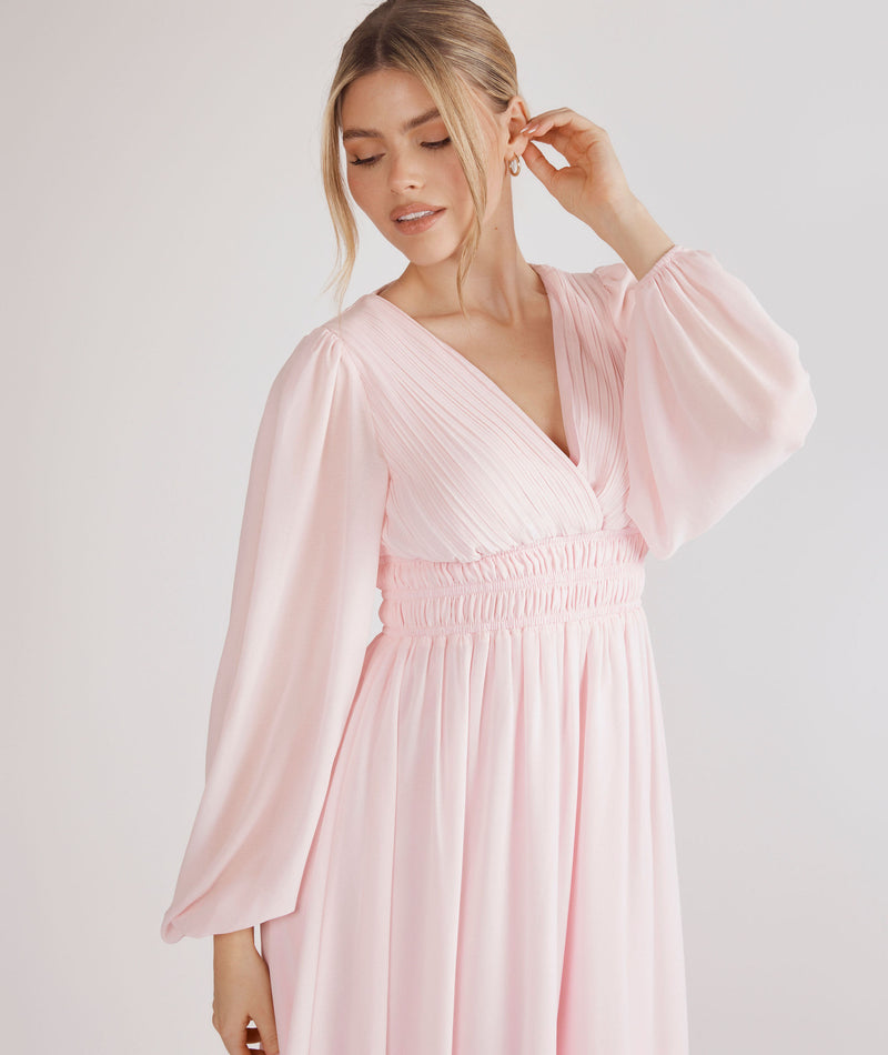 Balloon Sleeve Chiffon Bridesmaid Dress - Pale Pink