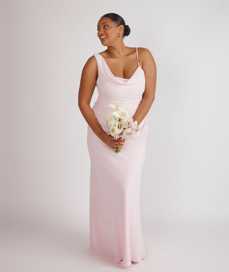 Cowl Front Asymmetrical Chiffon Bridesmaid Dress - Pale Pink