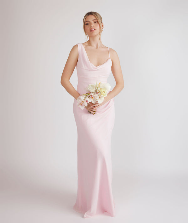 Cowl Front Asymmetrical Chiffon Bridesmaid Dress - Pale Pink