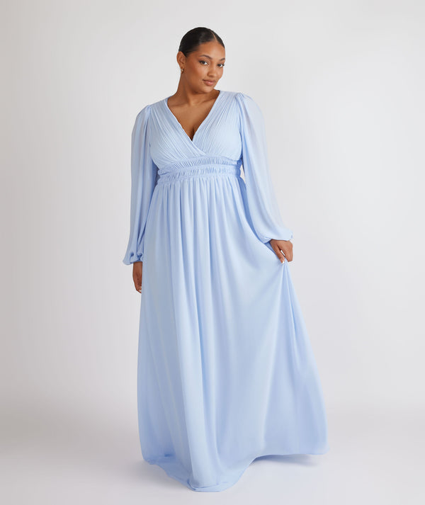 Balloon Sleeve Maternity Chiffon Bridesmaid Dress - Cornflower Blue