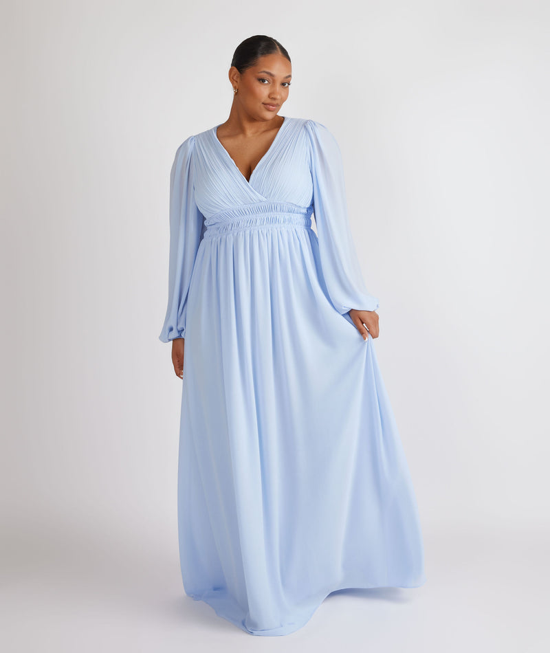 Balloon Sleeve Maternity Chiffon Bridesmaid Dress - Cornflower Blue