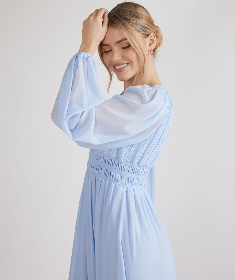 Balloon Sleeve Chiffon Bridesmaid Dress - Cornflower Blue