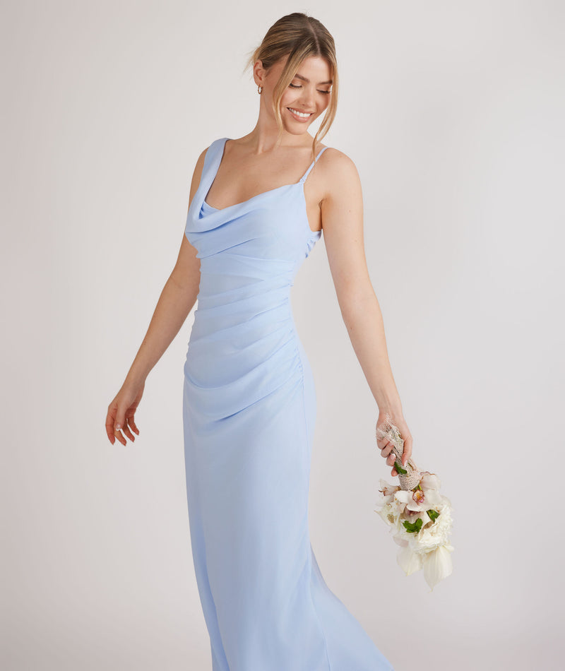 Cowl Front Asymmetrical Chiffon Bridesmaid Dress - Cornflower Blue