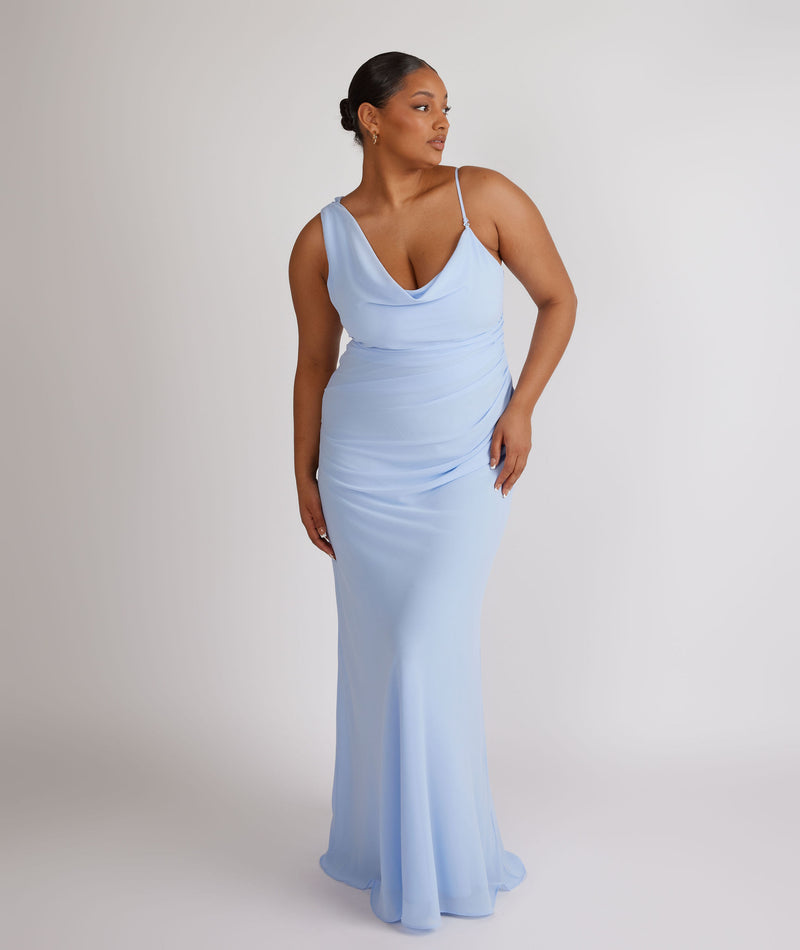 Cowl Front Asymmetrical Chiffon Bridesmaid Dress - Cornflower Blue