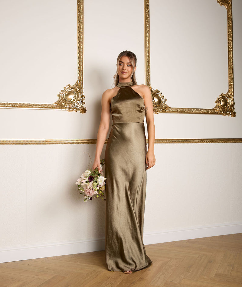 Halter Neck Satin Bridesmaid Dress - Olive