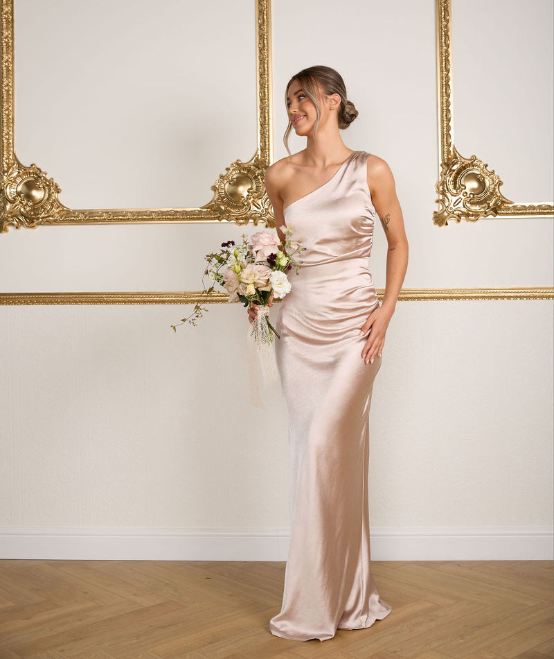 One Shoulder Satin Ruched Bridesmaid Dress - Oyster