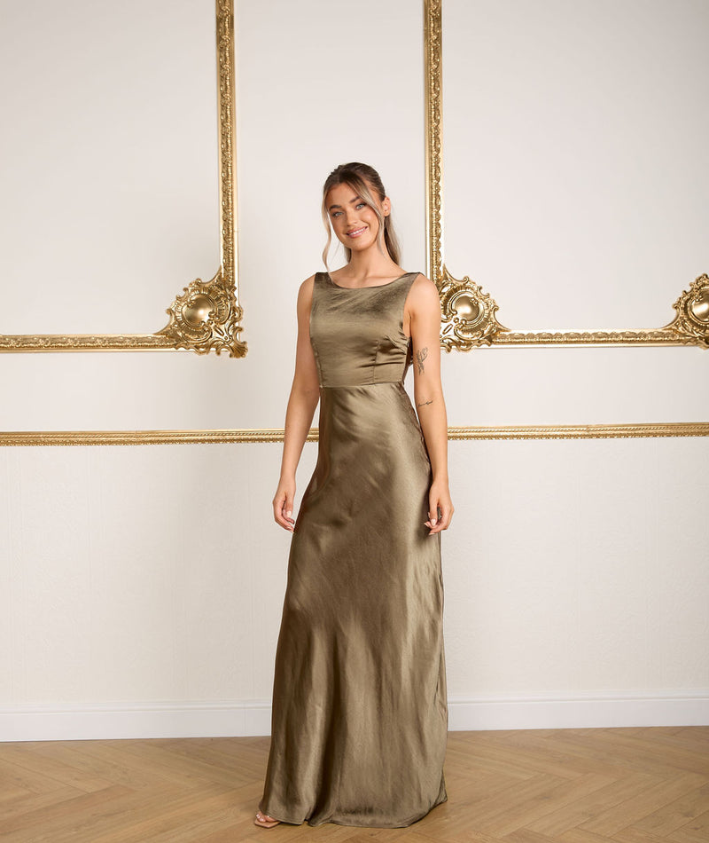 Cowl Back Satin Bridesmaid Dress - Olive