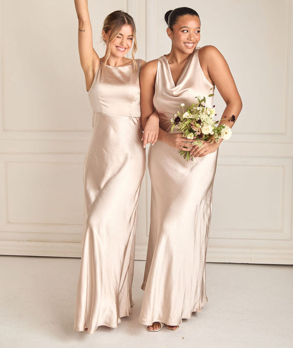 Cowl Front Satin Bridesmaid Dress - Oyster