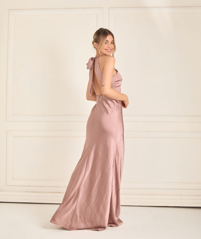 Halter Neck Satin Bridesmaid Dress - Rose