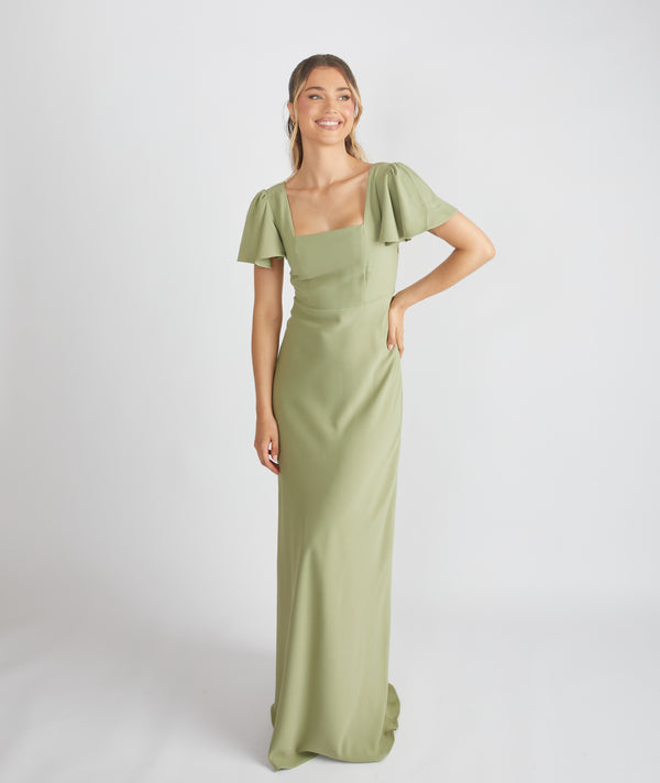 Square Neck Flutter Sleeve Crepe Bridesmaid Dress - Sage