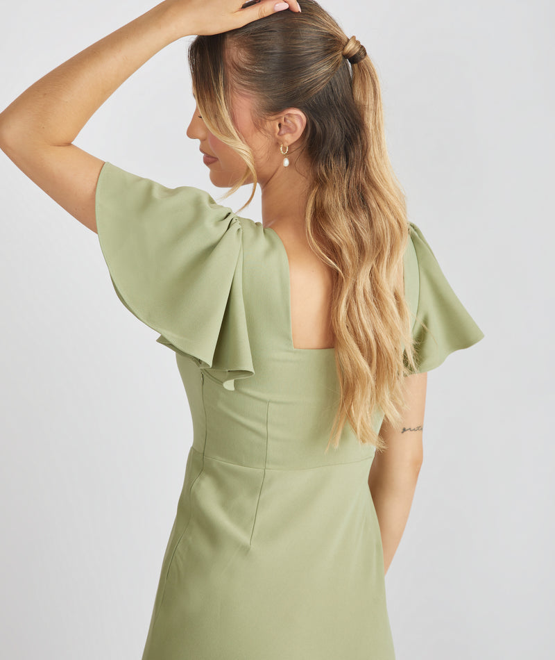 Square Neck Flutter Sleeve Crepe Bridesmaid Dress - Sage