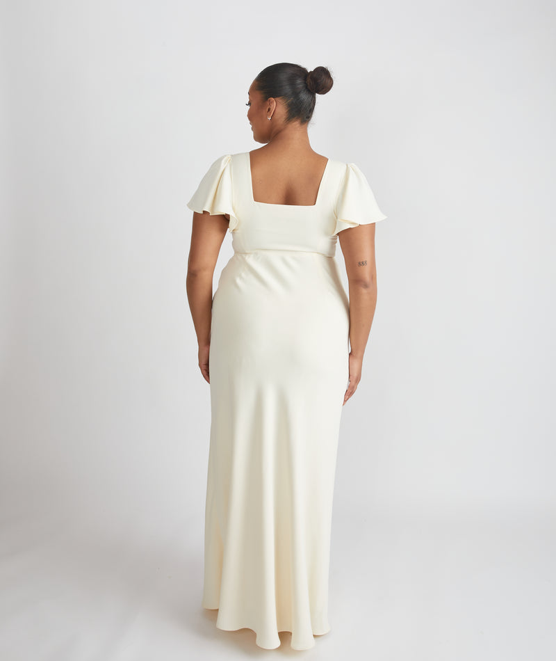 Square Neck Flutter Sleeve Crepe Bridesmaid Dress - Almond