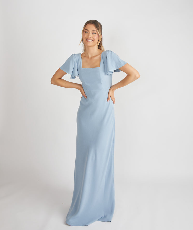 Square Neck Flutter Sleeve Crepe Bridesmaid Dress - Pale Blue