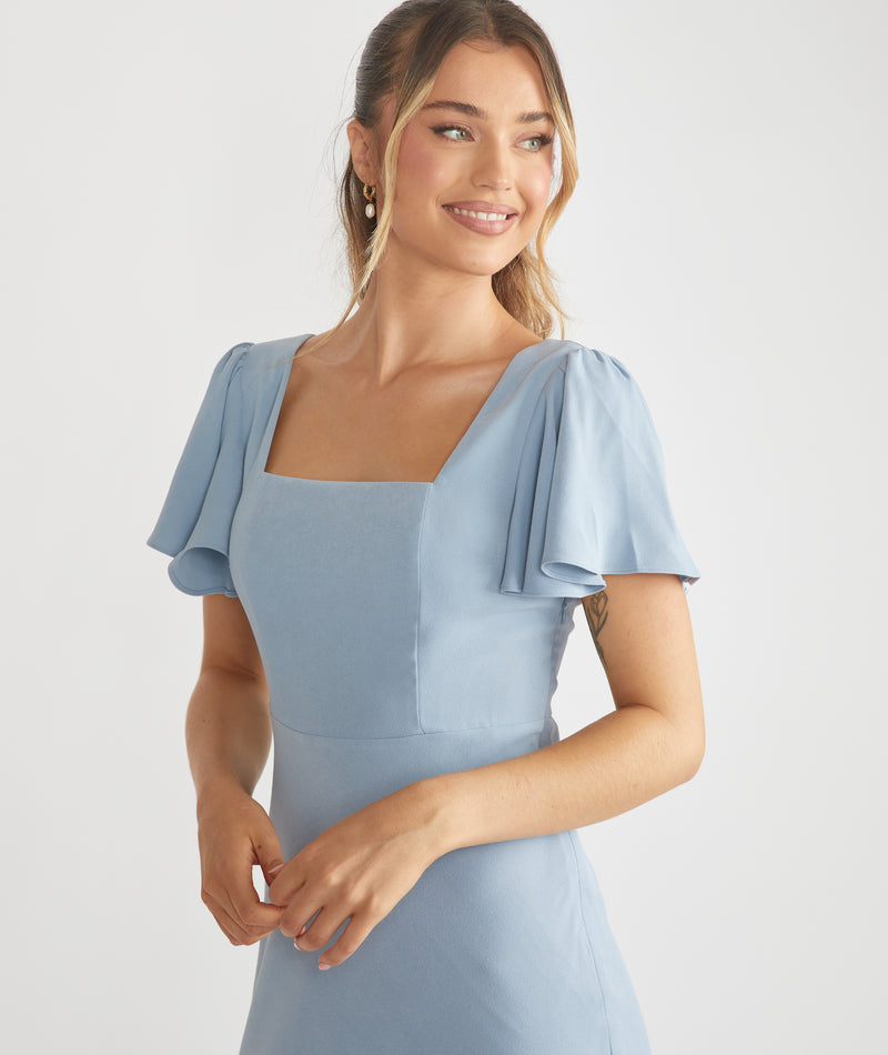 Square Neck Flutter Sleeve Crepe Bridesmaid Dress - Pale Blue