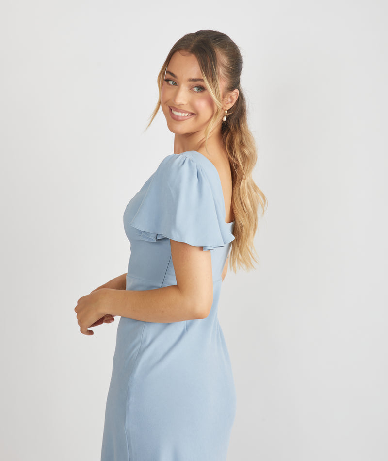 Square Neck Flutter Sleeve Crepe Bridesmaid Dress - Pale Blue