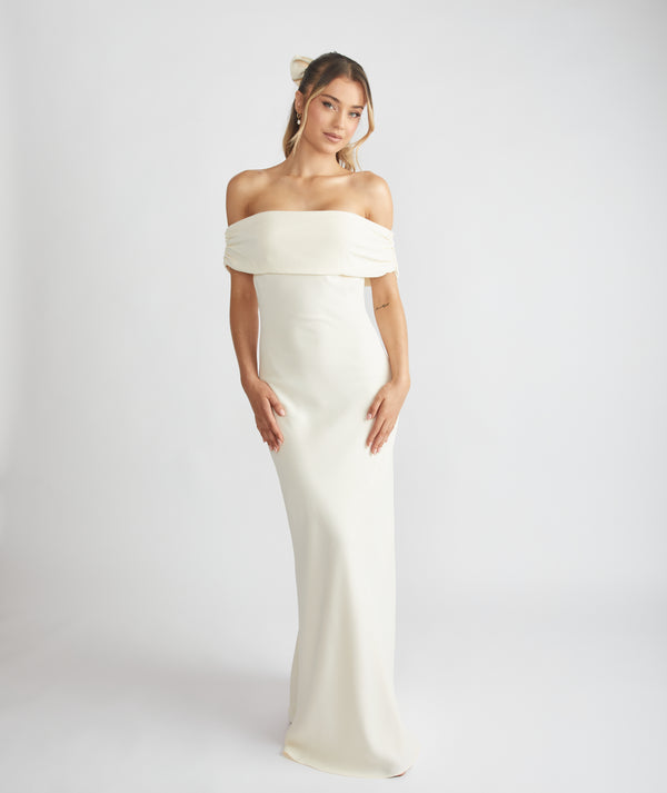 Bardot Gathered Crepe Bridesmaid Dress - Almond