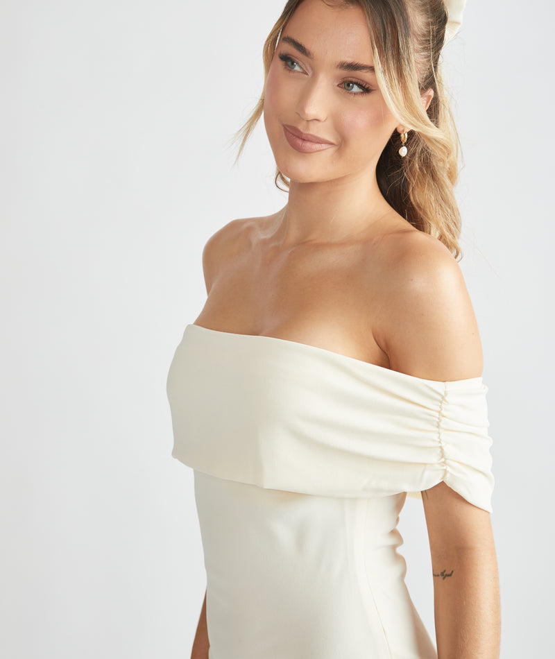 Bardot Gathered Crepe Bridesmaid Dress - Almond