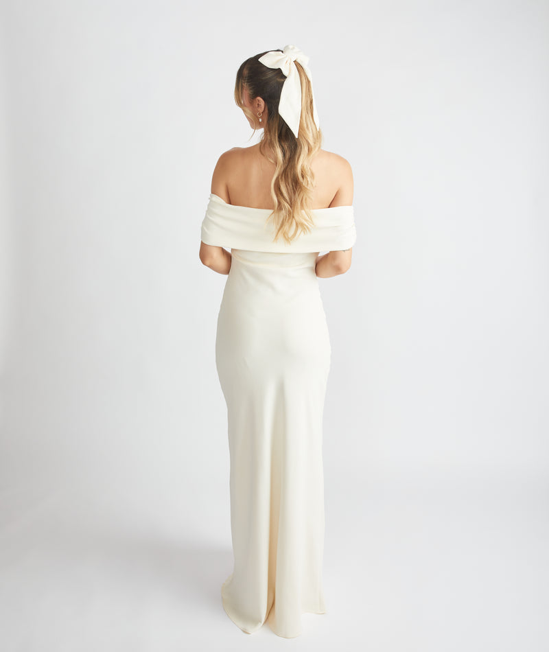 Bardot Gathered Crepe Bridesmaid Dress - Almond