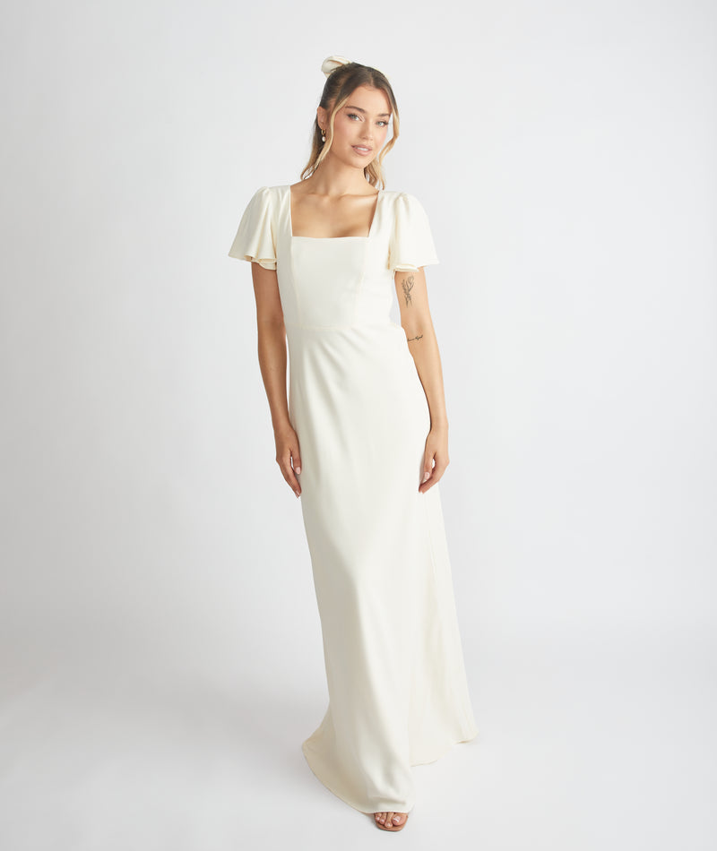 Square Neck Flutter Sleeve Crepe Bridesmaid Dress - Almond