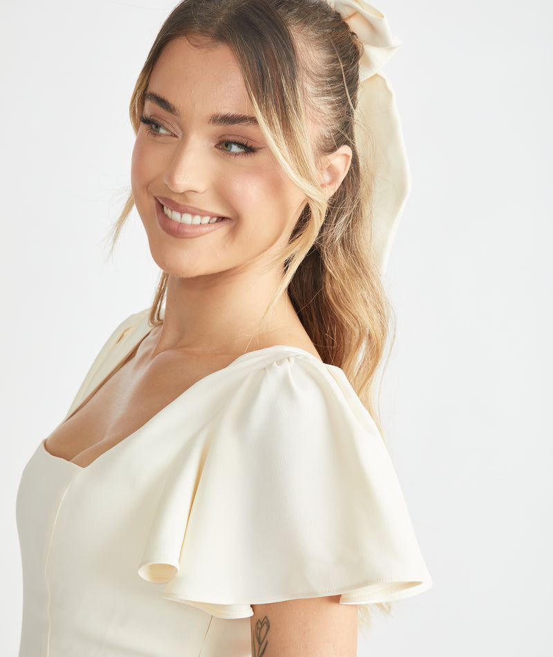 Square Neck Flutter Sleeve Crepe Bridesmaid Dress - Almond