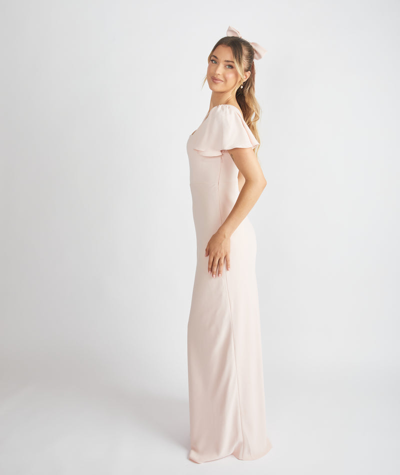 Square Neck Flutter Sleeve Crepe Bridesmaid Dress - Blush