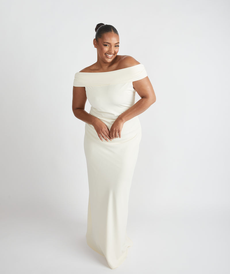 Bardot Gathered Crepe Bridesmaid Dress - Almond