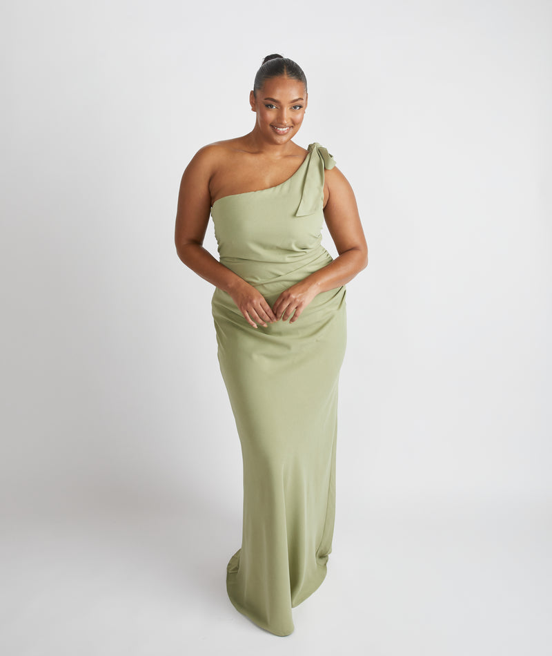 Bow One Shoulder Gathered Crepe Bridesmaid Dress - Sage