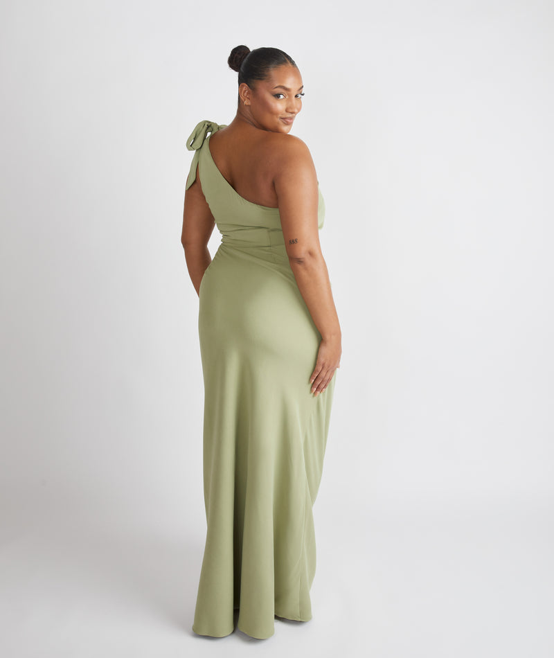 Bow One Shoulder Gathered Crepe Bridesmaid Dress - Sage