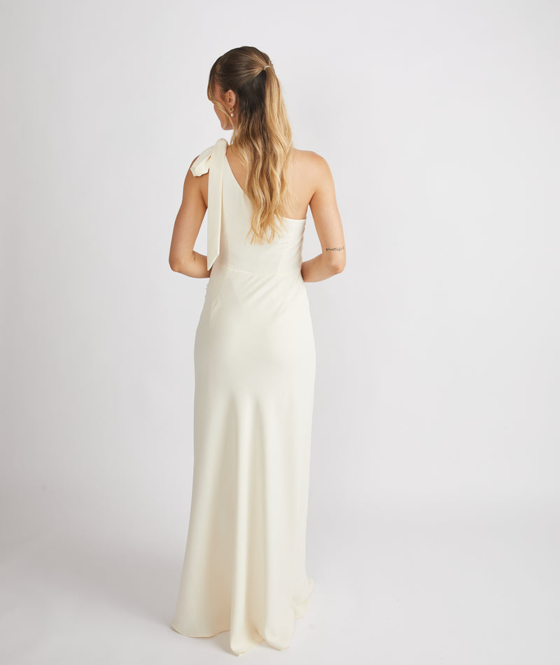 Bow One Shoulder Gathered Crepe Bridesmaid Dress - Almond