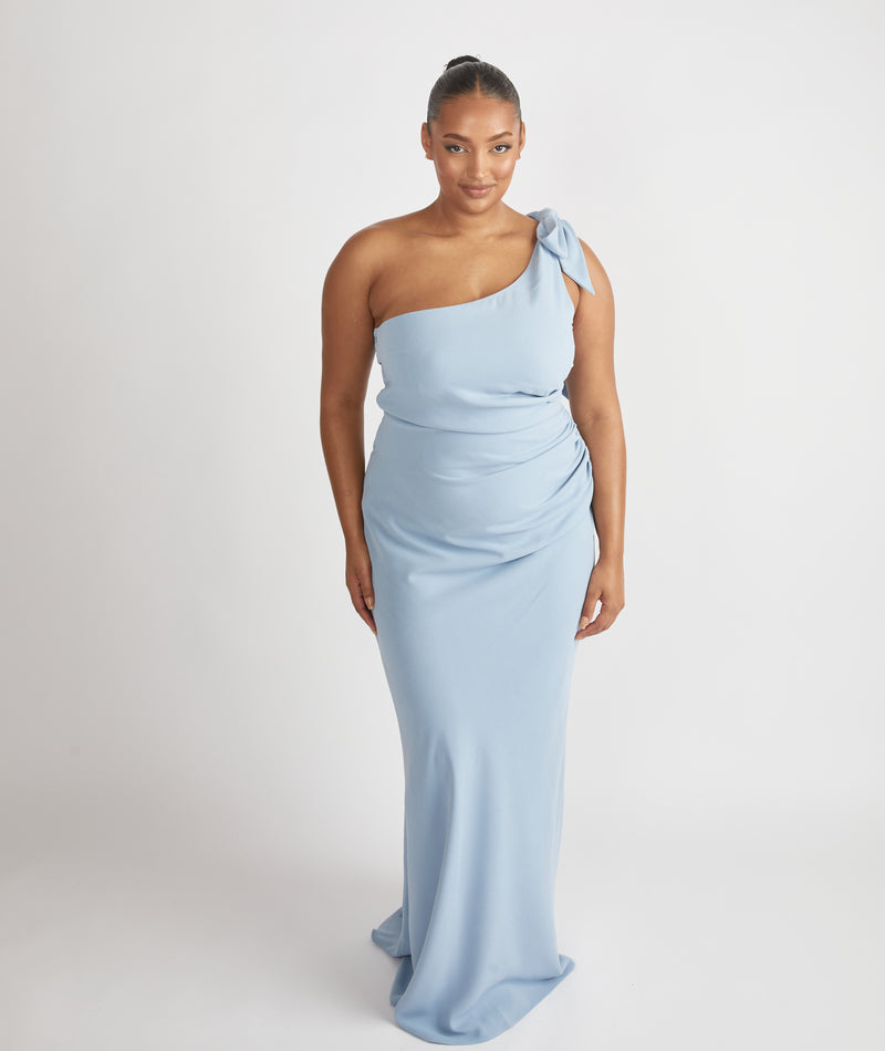 Bow One Shoulder Gathered Crepe Bridesmaid Dress - Pale Blue