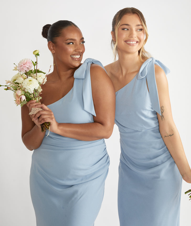 Bow One Shoulder Gathered Crepe Bridesmaid Dress - Pale Blue