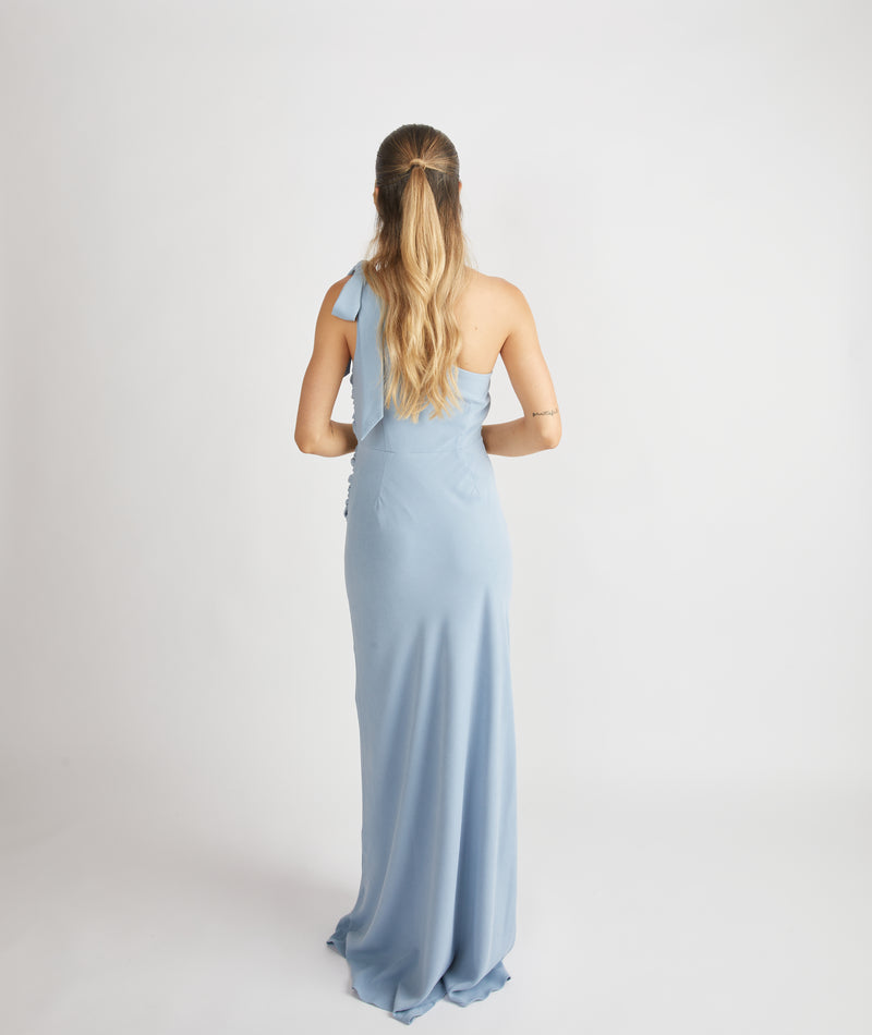 Bow One Shoulder Gathered Crepe Bridesmaid Dress - Pale Blue