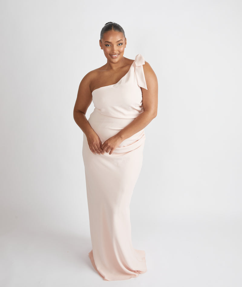 Bow One Shoulder Gathered Crepe Bridesmaid Dress - Blush