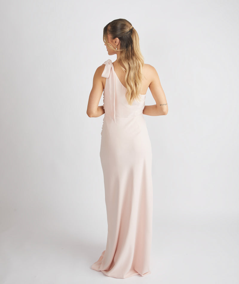 Bow One Shoulder Gathered Crepe Bridesmaid Dress - Blush