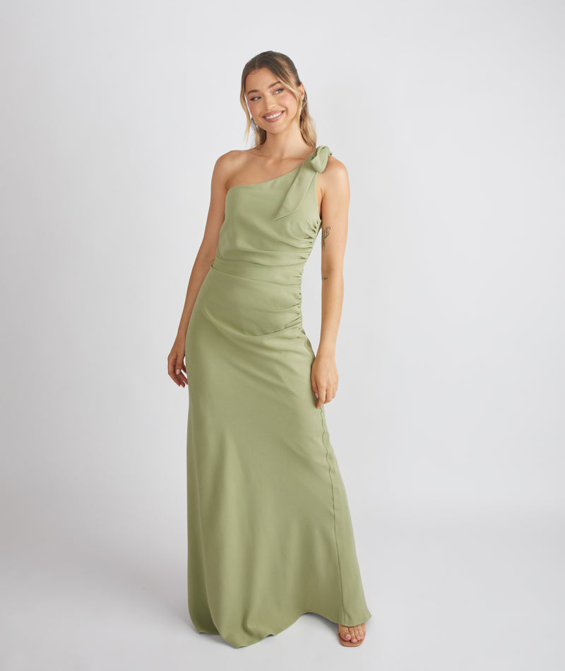 Bow One Shoulder Gathered Crepe Bridesmaid Dress - Sage