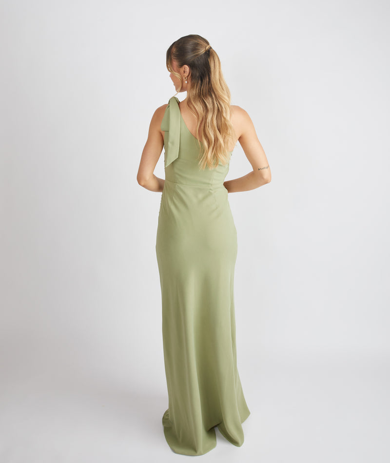 Bow One Shoulder Gathered Crepe Bridesmaid Dress - Sage