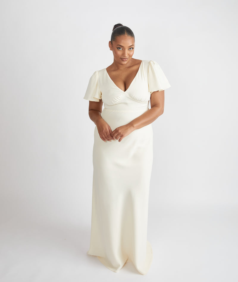 Flutter Sleeve Crepe Bridesmaid Dress - Almond