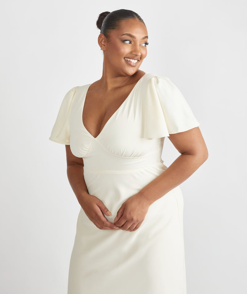 Flutter Sleeve Crepe Bridesmaid Dress - Almond