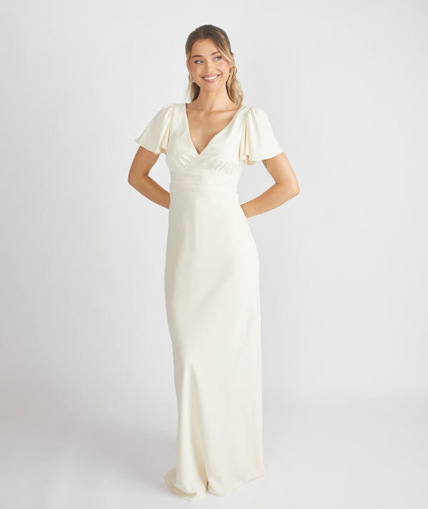 Flutter Sleeve Crepe Bridesmaid Dress - Almond