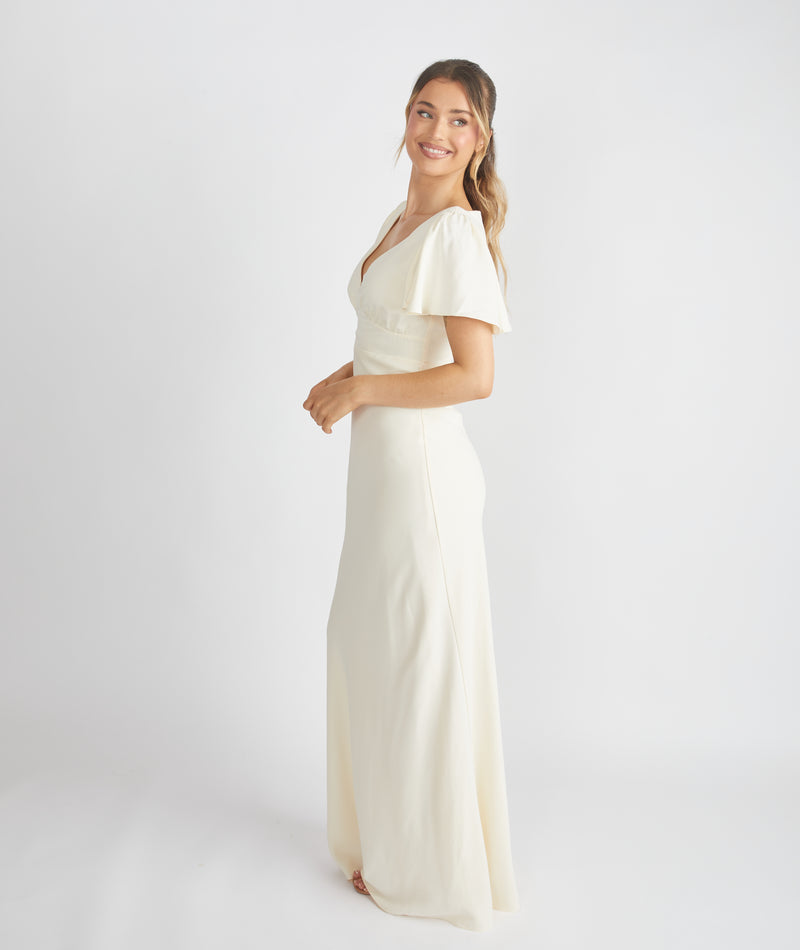 Flutter Sleeve Crepe Bridesmaid Dress - Almond