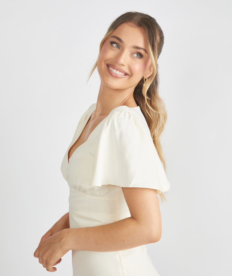 Flutter Sleeve Crepe Bridesmaid Dress - Almond