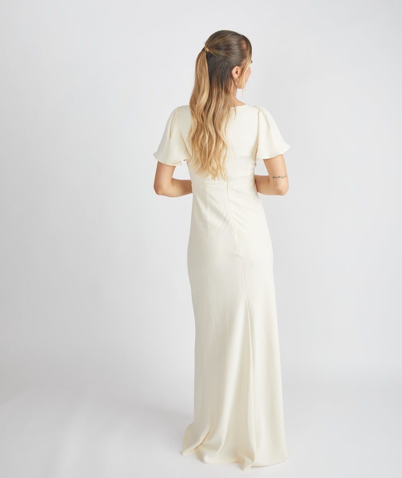 Flutter Sleeve Crepe Bridesmaid Dress - Almond